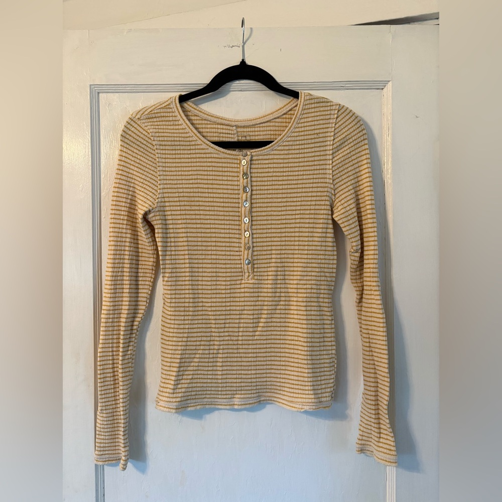 We The Free White and Yellow Striped Long Sleeve Top